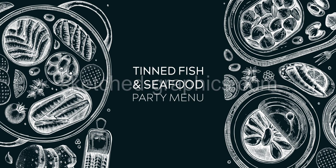 Hand drawn canned fish border design. Vector seafood background on chalkboard. Sardines, anchovy, mackerel, tuna, mussels in tin cans, fish canapes, olives, crackers and lemons sketches.  Illustration